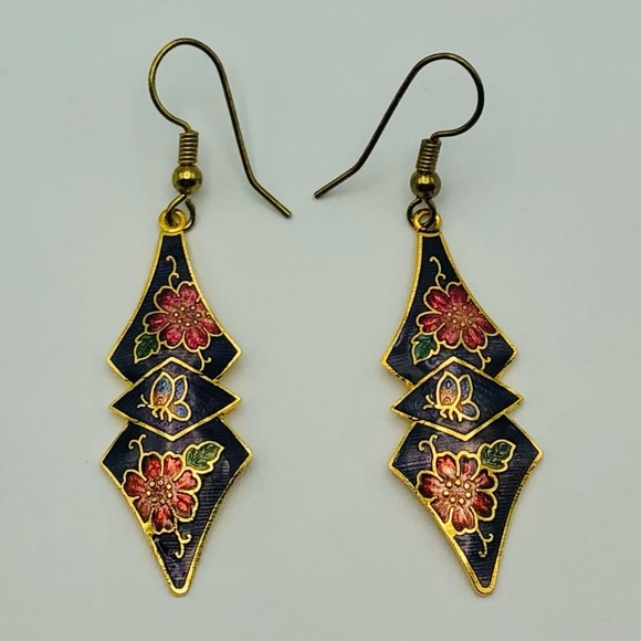 Vintage Cloisonné Earrings Butterflies and Flowers - Picture 5 of 5